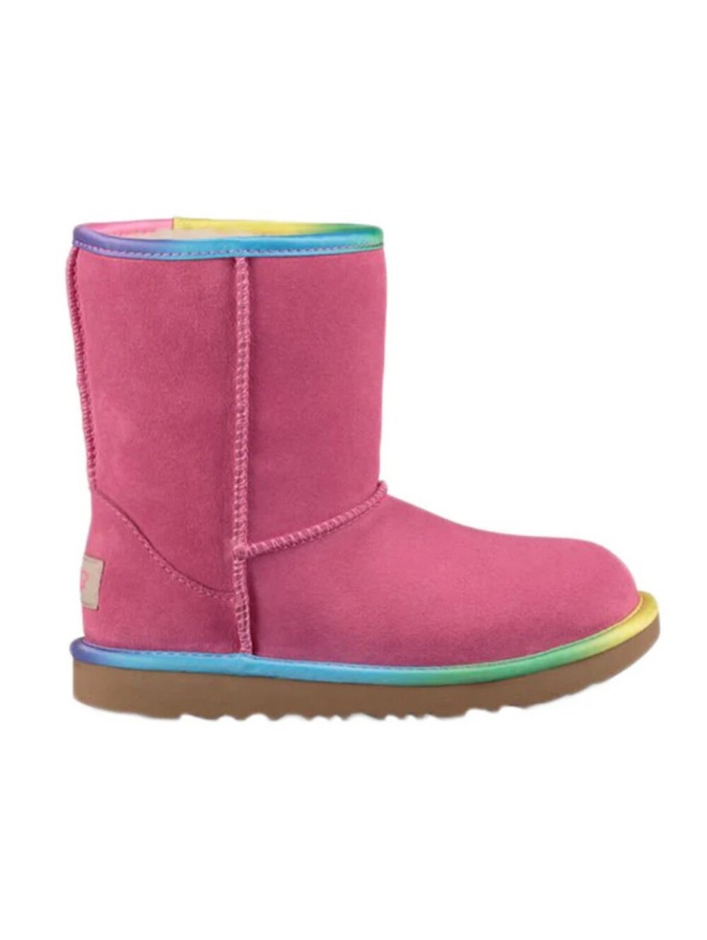 UGG Girls Classic Short II Pink Suede Rainbow Trim Winter Boots